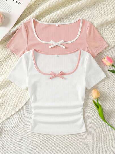 SHEIN 2pcs/Set Tween Girls' Casual Comfortable Contrast Stripe Bow Decor U-Neck Ruched Short Sleeve T-Shirt