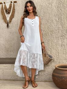 EMERY ROSE Abito midi senza maniche con minimalista in tinta unita e inserti in pizzo - Bianco - Visualizzare 9