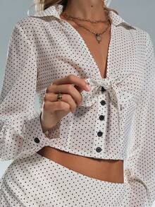 Flirla Conjunto de 2 Peças: Top de Manga Longa com Gola e Estampa de Bolinhas & Minissaia Justa - Damasco - Visão 4