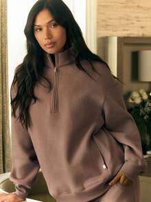 GLOWMODE 日常休闲抓绒宽松及臀长袖半拉链卫衣，带侧袋，适合秋冬季穿着 - Warm Clay - 查看 7