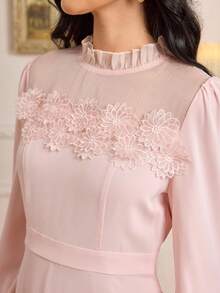 Modelyn 女士优雅纯色贴花荷叶边连衣裙，秋季粉色连衣裙，女士优雅长袖粉色连衣裙，长袖优雅连衣裙，端庄优雅连衣裙 - 淺粉色 - 查看 7
