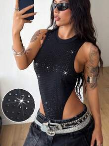 Coolane Women's Spring/Summer Y2K Party Music Festival  Streetwear Rave Outfit Punk Rhinestone Rivet Stretchy Comfortable Sequin Black Round Neck Bodysuit Jumpsuits - Black - View 6