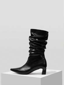 Mnmlis 女士时尚低跟法式优雅叠跟尖头踝靴 - 黑色 - 查看 1