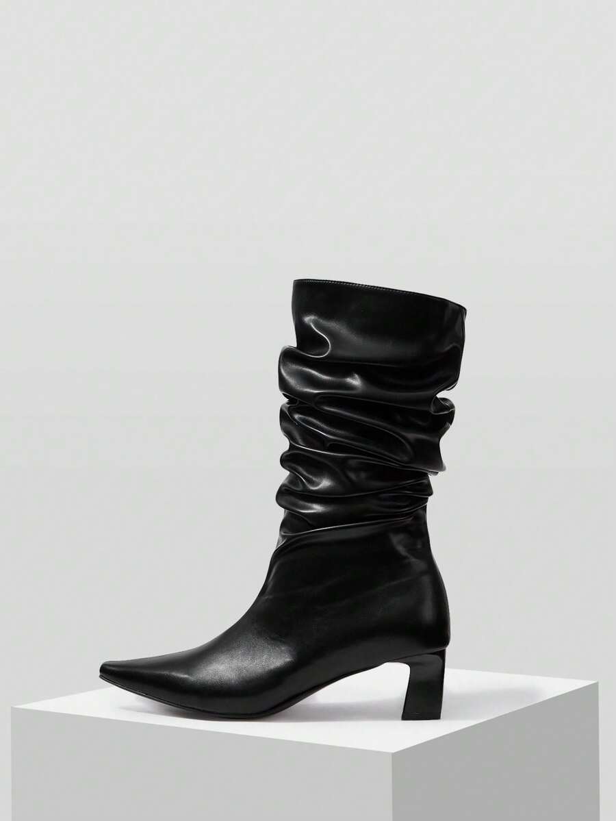 Mnmlis 女士时尚低跟法式优雅叠跟尖头踝靴 - 黑色 - 查看 1