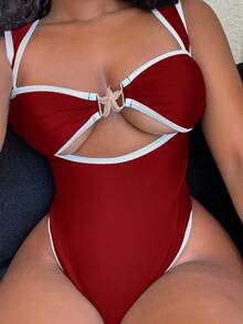 Alexandranx 女士度假派对海滩黑白尼龙面料连体泳衣 - 紅色 - 查看 4