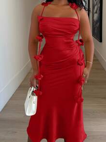 Alexandranx 女士花卉细肩带露背垂褶领节日连衣裙、派对/婚礼礼服、秋季 - 紅色 - 查看 3