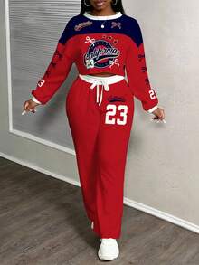 Slaydiva 大码女式休闲学院风23号印花上衣和裤子两件套 - 彩色 - 查看 5