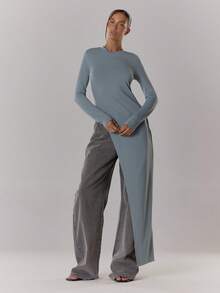 MUSERA Áo maxi dài tay ôm sát, vạt áo bất đối xứng, phong cách đường phố cá tính, dễ thương cho mùa thu, xuân và hè. - Màu xanh bụi bặm - Xem 3