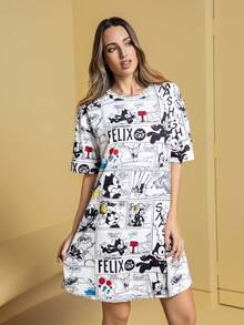 SHEIN Felix The Cat Women's Comfortable Cartoon Pattern Round Neck Short Sleeve Sleep Dress, Summer - Multicolor - View 4