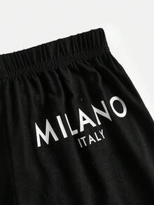 Tween Girl Fashion Casual Black Round Neck Letter Print Ruched Short Sleeve Fitted Knit T-Shirt And Relaxed Straight Leg Pants Set, Suitable For Home, Outings, Travel & Vacation, Milano Italy - Black - View 5