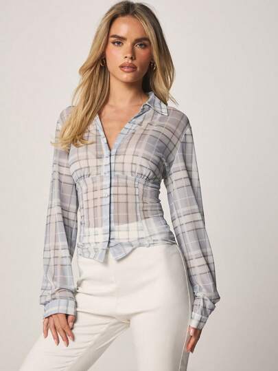MISSGUIDED Fitted Checkered Button Front Mesh Shirt With Long Sleeves And Collared Neckline For Spring Summer Casual Everyday Wear Office Work