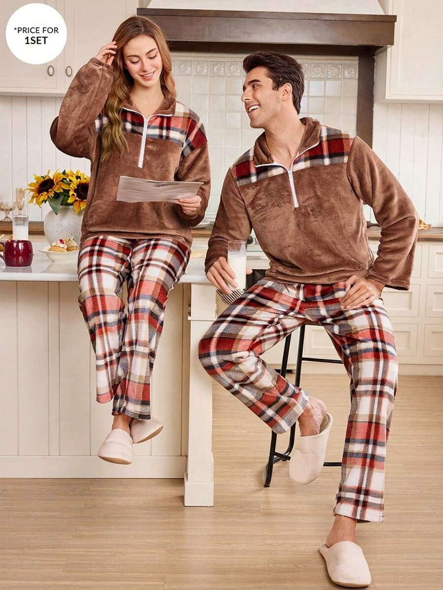 CoupledUp Contrast Plaid Flannel Casual Loose Men's Pajama Set - Brown - View 1