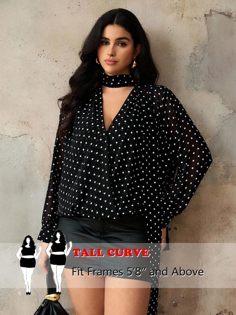 SHEIN Tall CURVE Áo kiểu chấm bi bằng vải chiffon cỡ lớn, thanh lịch, thoải mái, đa năng, thích hợp cho mùa xuân/hè. - màu đen - Xem 1