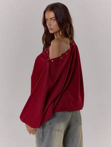 MUSERA 不对称肩部铆钉后摆宽松束腰套头衫，Y2K酷女孩街头风日常休闲秋冬春季款 - 酒紅色 - 查看 2