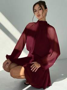 Aloruh Elegant Solid Color Mock Neck Dress, Casual & Party Wear - Rose Red - View 3