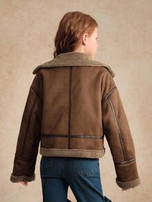 Tween Girl Casual Faux Suede Fleece Jacket, Contrast Trim Retro Classic Loose Fit, Comfortable For Autumn/Winter Daily, Commute, Outdoor, Party, Photo Shooting, Shopping Fall