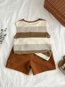 SHEIN 2pcs Young Boy Spring/Summer Fashion Striped Sleeveless T-Shirt Top And Cargo Shorts Set, Comfortable Casual Daily Outfit, Back To School - Brown - View 2