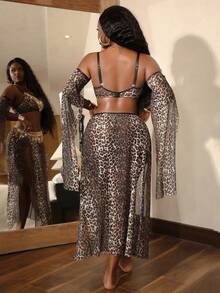 5 st Plus Size Leopardmönstrade Lingerieset med Paljetter och Tofsar för Dam - Multifärgad - Visa 7