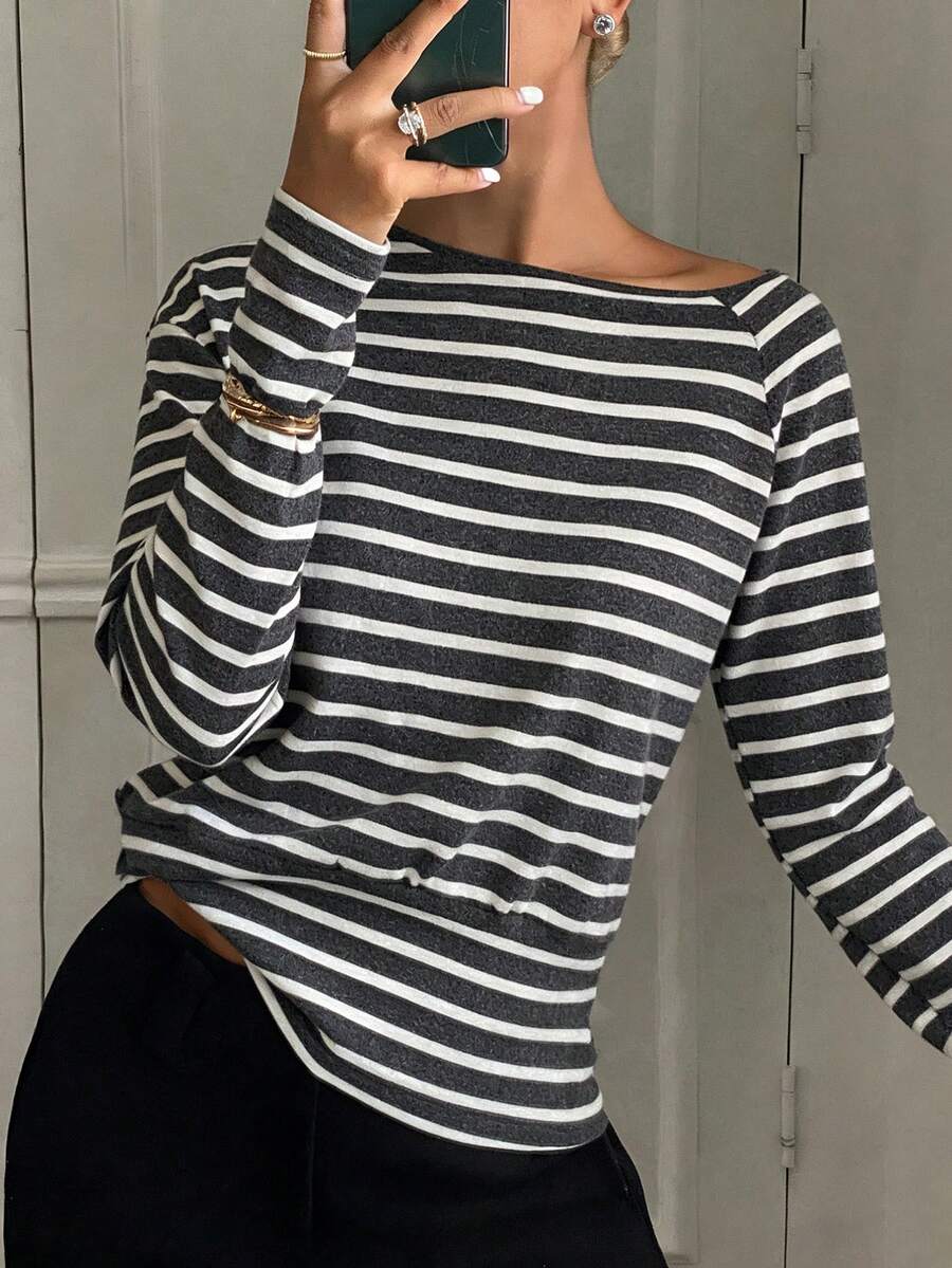 DAZY Tricou elegant casual cu dungi periate pentru femei, cu guler rotund și talie ajustată