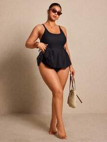 Elaquor Plus Size Summer Vacation Beach Solid Color Textured Tankini Set - Black - View 5