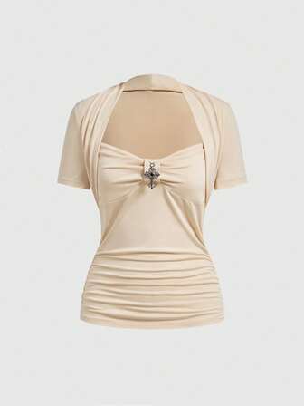 Goth Maglietta estiva vintage da donna con collo quadrato elastico e pendente a croce nero solido, adatta per il giorno di San Valentino