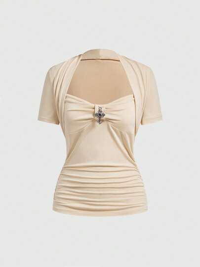 Goth Maglietta estiva vintage da donna con collo quadrato elastico e pendente a croce nero solido, adatta per il giorno di San Valentino