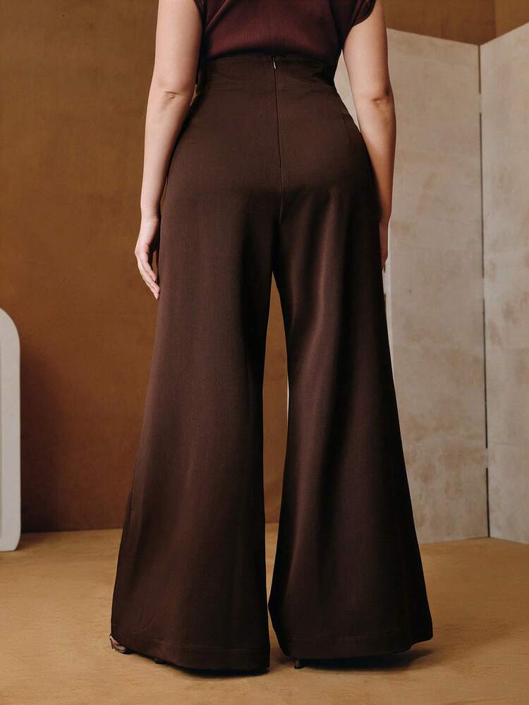 Calça Flare de Cintura Alta com Bolso em V de Cor Sólida para Mulheres Plus Size, Elegante para Outono/Inverno