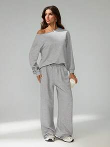 SHEIN Tall 女士秋冬/夏季四季街头风外出露肩长袖灰色卫衣搭配松紧腰高腰灰色长裤两件套，舒适百搭。 - 灰色 - 查看 8