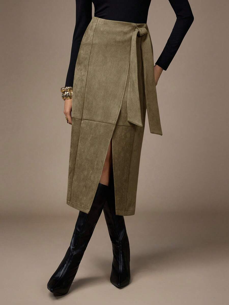 NOVVYNE Women's Solid Color Minimalist Casual Tie Waist Skirt Wrap Around Skirt Khaki Skirt Women High Slit Skirt Asymmetrical Skirt Split Thigh Skirt - Khaki - View 1