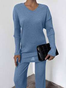 SHEIN Cottnline Women's Solid Rib Knit Two Piece Set - Royal Blue - View 5