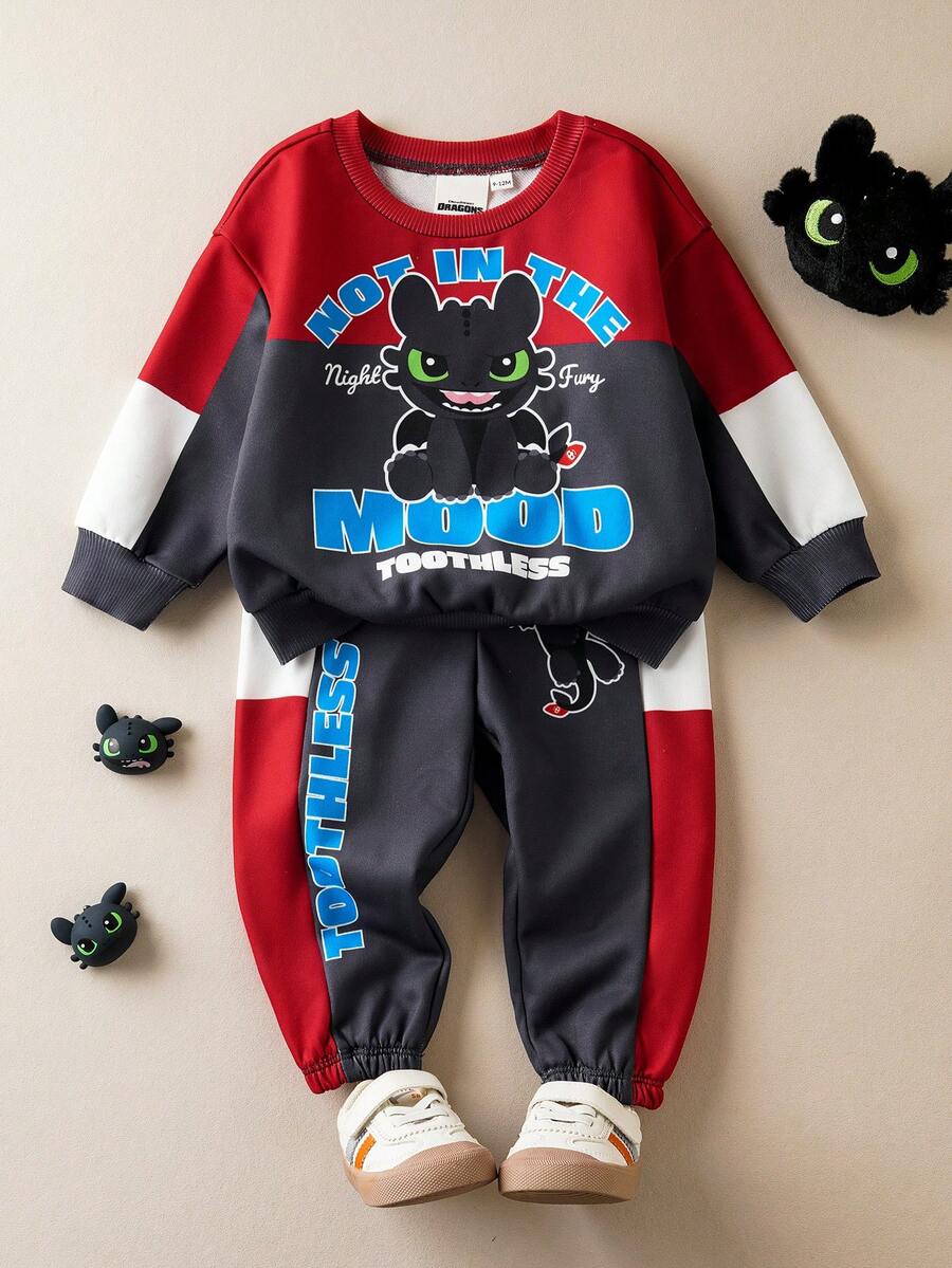 SHEIN How to Train Your Dragon Baby Boy Cartoon Pattern Color Block Crew Neck Long Sleeve Sweatshirt And Sweatpants Set - Multicolor - View 1