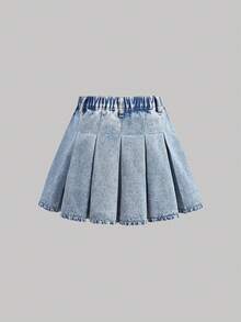 SHEIN Girlism Tween Girl Fashion Homecoming Streetwear Mix And Match Versatile Design Y2k Vintage Cool Street Light And Charming Pink Bow Decoration Adorns Blue Denim Pleated Half-Length Skirt For Dailywear And Spring To Summer Rave Festival And Streetwear - Blue - View 2