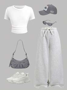 SHEIN Tween Girls' Summer Casual Solid Color Ruffle Short Sleeve T-Shirt And Wide Leg Pants Set - Grey - View 8
