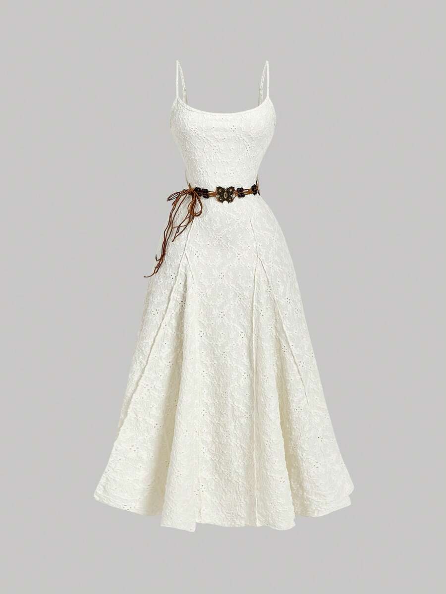 SHEIN MOD Women's Summer Casual Vacation Style Solid Schiffy Cinched Waist Strap Dress With Rhinestone Butterfly & Rope Belt