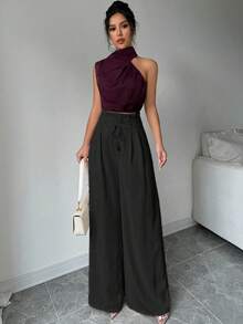 Firerie 女士亚麻高领无袖衬衫，通勤上衣，不对称无袖衬衫，适合通勤、优雅、度假、海滩、波西米亚风、夏威夷风、教师节、音乐节等场合 - 酒紅色 - 查看 6