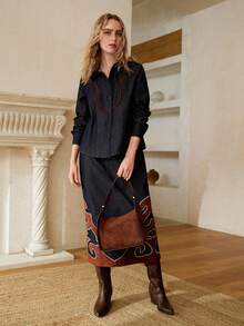 MOTF PREMIUM 女士优雅撞色滚边牛仔衬衫（不含腰带） - 黑色 - 查看 7