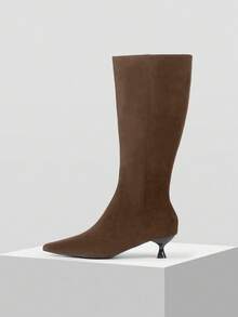Mnmlis 女士尖头休闲百搭时尚高跟过膝长靴 - 鏽棕色 - 查看 1