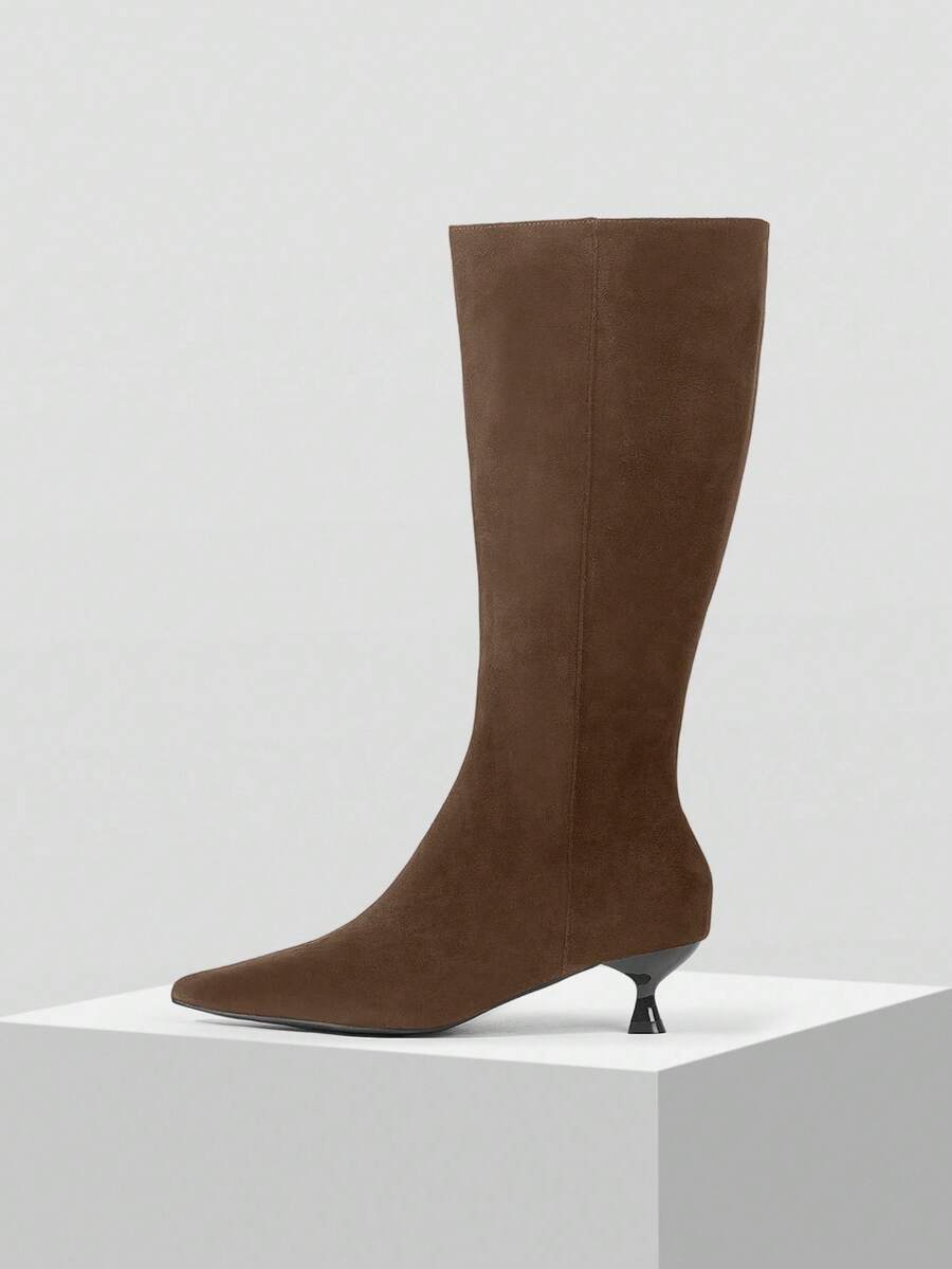 Mnmlis 女士尖头休闲百搭时尚高跟过膝长靴 - 鏽棕色 - 查看 1