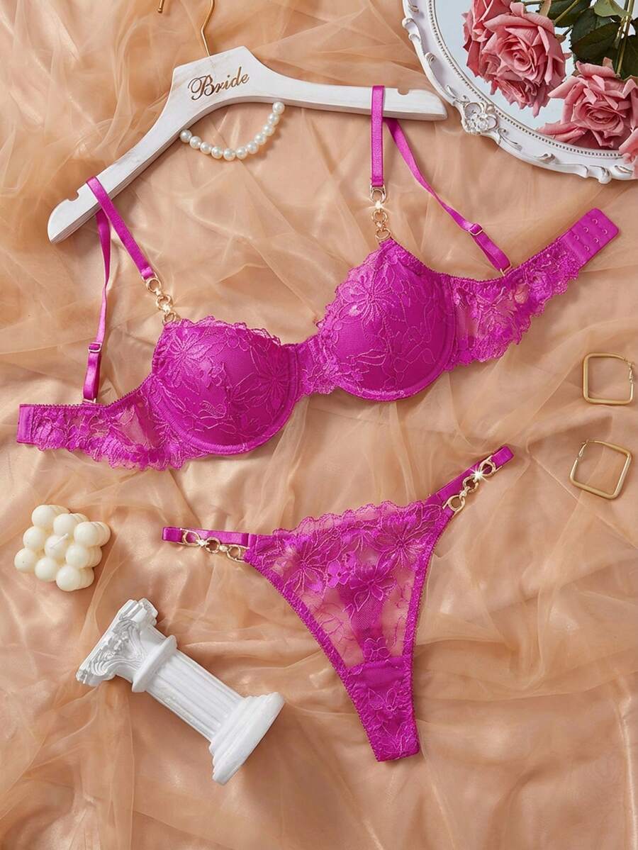 2件套蕾丝钢圈文胸套装，女士情人节礼物 - 玫紅色 - 查看 1