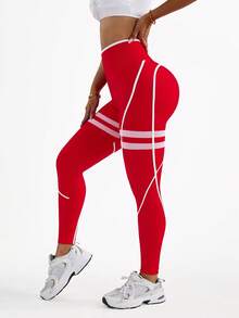 Dewbera Women's Striped High Waist Casual Fitness Leggings - Red - View 4
