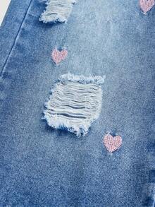 SHEIN Cute Heart Embroidered Loose Fit Distressed Denim Wide Leg Jeans, Suitable For Daily Wear And School - Medium Wash - View 4