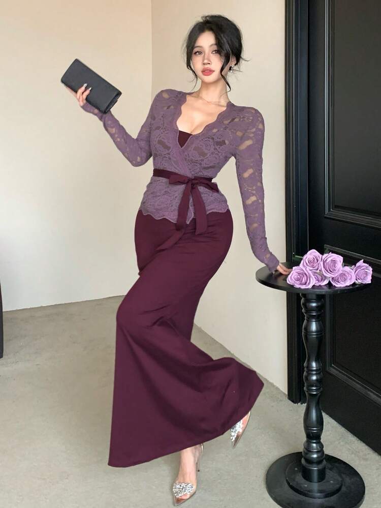 Women's Elegant 2-Piece Set: Spaghetti Strap Mermaid Maxi Dress & Lace V-Neck Long Sleeve Top