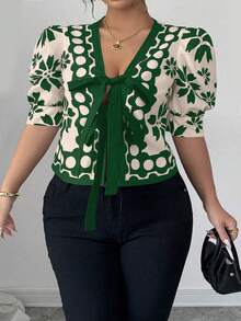 Elenzga Plus Size Bowknot Colorblock Short Sleeve Shirt With Digital Print, Unique Design, Vacation Style - Green - View 4