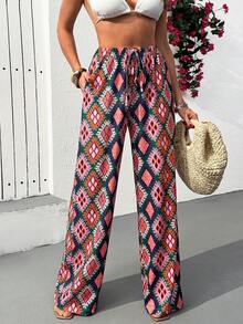 EURMUSE Women Printed Detailed Drawstring Wide Leg Pants - Multicolor - View 3
