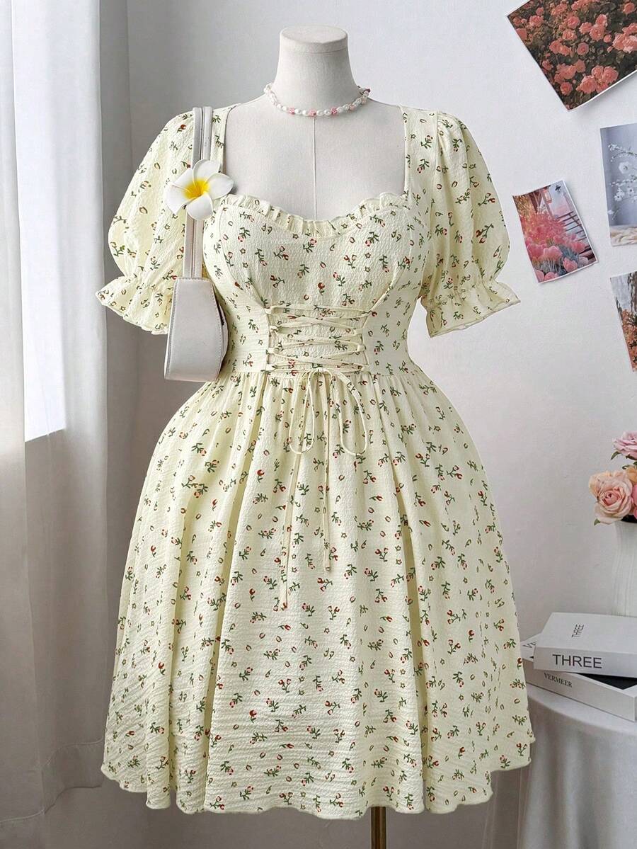 Flirla Đầm midi cỡ lớn dành cho nữ, cổ tim, tay phồng, họa tiết hoa, thắt eo. - Màu be - Xem 1