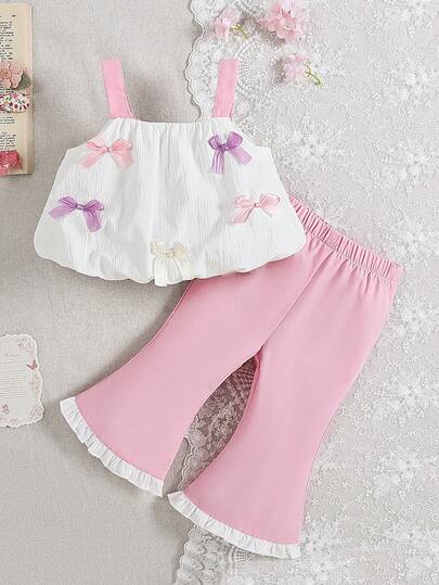 SHEIN 2pcs Baby Girls Cute Bow Decor Sleeveless Camisole Top + Elastic Waist Ruffle Hem Bell-Bottom Pants Casual Pink Outfit, Suitable For Summer Daily Outings Or Travel