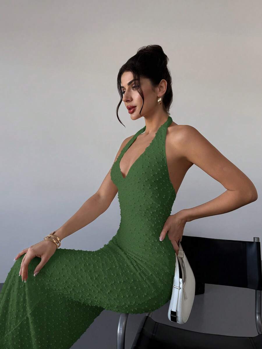 Firerie Elegant Romantic V-Neck Sleeveless Textured Bodycon Maxi Dress, Suitable For Date Nights, Spring/Summer - Green - View 1