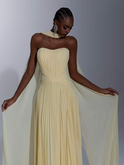 Elitara Vestido de gasa crema amarillo elegante con decoración plisada, falda maxi con volantes sin tirantes y con cola, adecuado para citas, vacaciones y ocasiones formales