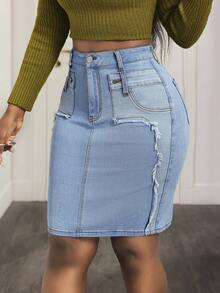 Slaydiva Dam Casual Daglig Pendling Mode Street Chic Rå Kant Patchwork Åtsittande Denim Minikjol, Sommar - Blå - Visa 3