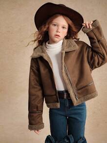 Tween Girl Casual Faux Suede Fleece Jacket, Contrast Trim Retro Classic Loose Fit, Comfortable For Autumn/Winter Daily, Commute, Outdoor, Party, Photo Shooting, Shopping Fall